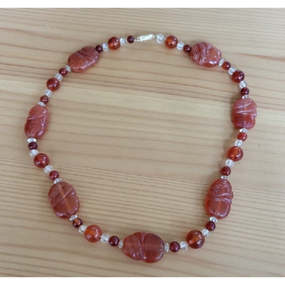 Vintage Carved Carnelian Moonstone Beaded Boho Necklace 14k Gold Clasp 16"